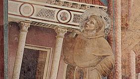 Giotto di Bondone: Der Traum Innozenz III.: Franziskus stützt die Kirche. Basilika von Assisi (Ausschnitt). Repro: The York Project (gemeinfrei).